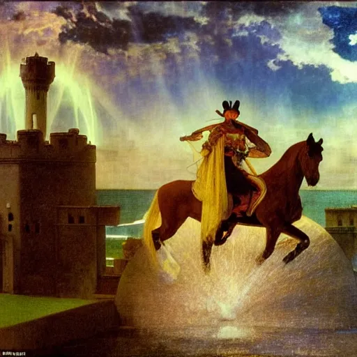 Image similar to Magician riding a horse leaving the castle through the bridge, thunderstorm, beach ocean on the background major arcana sky, by paul delaroche, alphonse mucha and arnold böcklin arnold böcklin hyperrealistic 8k, very detailed