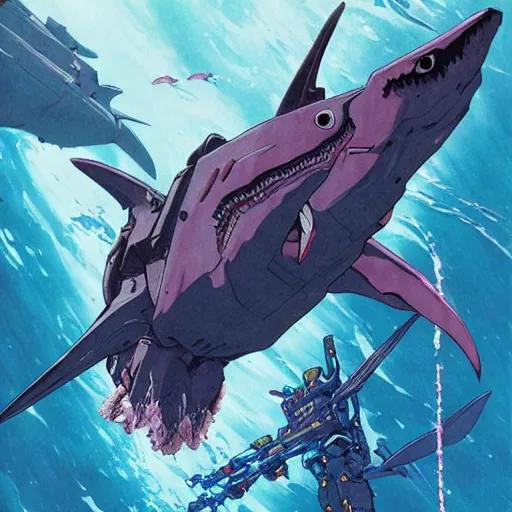 Image similar to aquatic gundam with a shark face, amphibious combat mecha mobile suit holding a scifi weapon, over under shot, cinematic by wayne barlowe, pascal blanche, victo ngai