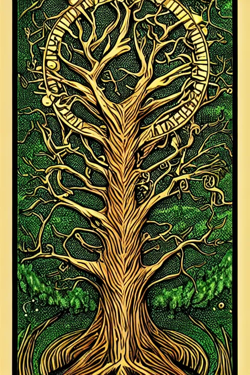 Prompt: a tree, tarot card, intricate, elegant, highly detailed, smooth, sharp focus, artstation