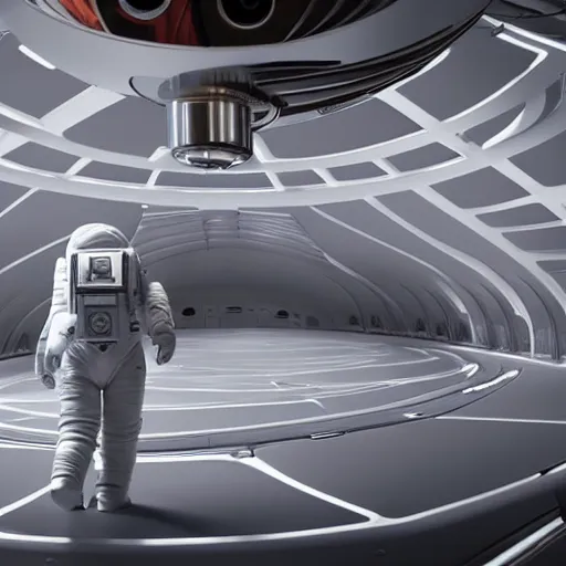 Image similar to 4 k realistic photo of an astronaut walking around a futuristic spaceship, highly detailed