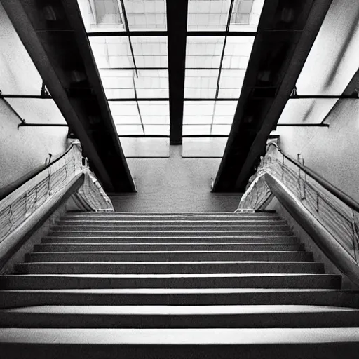 Image similar to black and white surreal photograph, highly detailed vast space made of stairsteps, sideview, detailed textures, natural light, mist, architecture photography, film grain, soft vignette, sigma 1 4 mm f / 1. 4 1 / 1 0 sec shutter, imax 7 0 mm footage