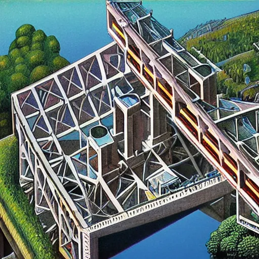 Image similar to a marvel of engineering, full color, realistic, escher, environmental, architectural, bright