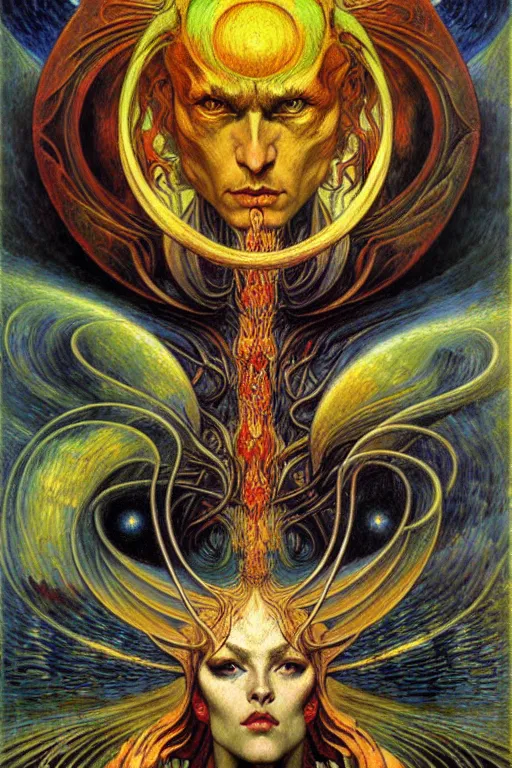 Prompt: Divine Chaos Engine by Karol Bak, Jean Delville, William Blake, and Vincent Van Gogh, symbolist