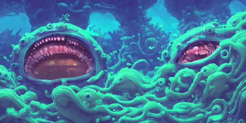 Image similar to of a colorful cloudy deep sea under water with strange cute friendly happy creatures with huge eyes, mouth, long tongue and round teeth appearing from sandy coral, in the style of gehry and gaudi, macro lens, shallow depth of field, highly detailed, digital painting, trending artstation, concept art, illustration, cinematic lighting, photorealism, epic, octane render