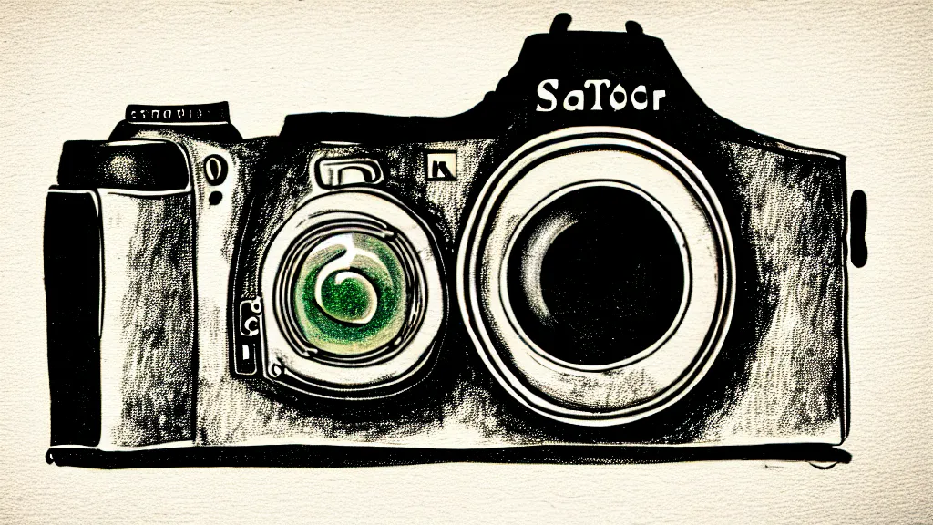 Prompt: a vintage illustration, a dslr camera pointed at the viewer made of shiny chrome