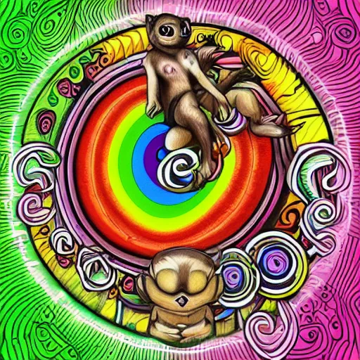 Image similar to shoulder back tattoo of a multicolored hallucinogenic cute bush baby as disc jockey with dj desk, eyes are colorful spirals, surrounded with colorful magic mushrooms and rainbowcolored marihuana leaves, insanely integrate