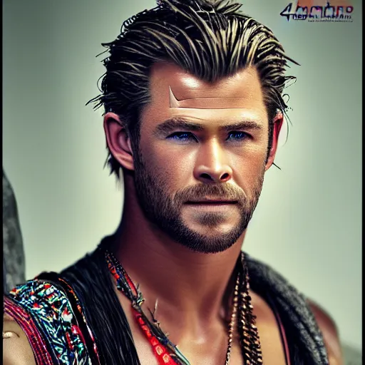 Image similar to Chris Hemsworth in Ethnic Attire, fashion photography, photorealistic, trending on artstation, 4k, 8k