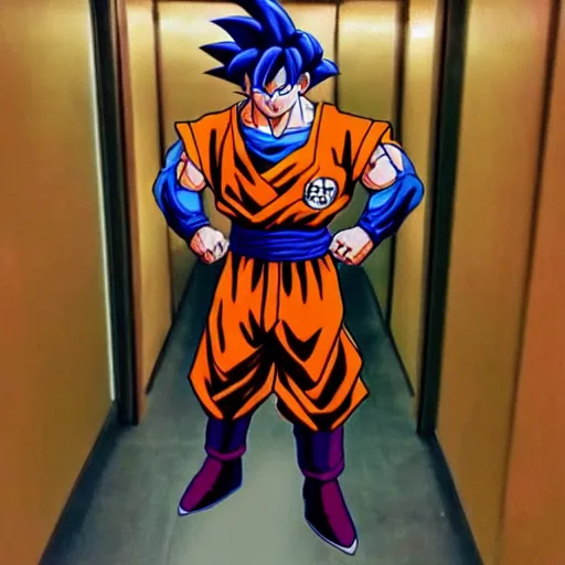 Image similar to low quality photo of goku in the backrooms