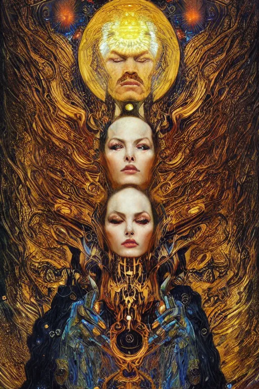 Image similar to Divine Chaos Engine by Karol Bak, Jean Deville, Gustav Klimt, and Vincent Van Gogh, beautiful visionary mystical portrait, sacred, otherworldly, fractal structures, Surreality, ornate gilded medieval icon, third eye, spirals