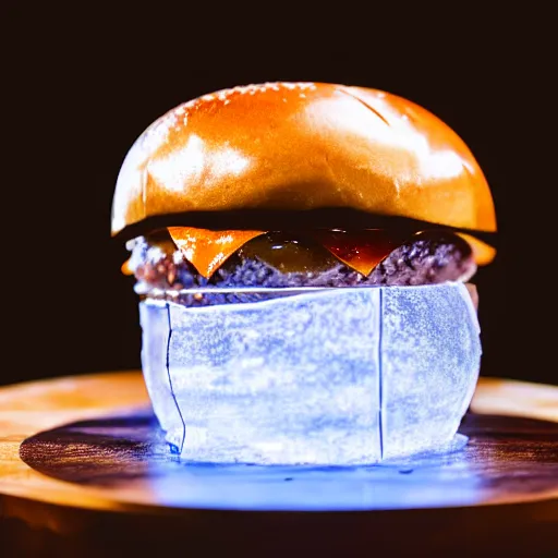 Image similar to a clear ice sculpture of a burger, 4 k