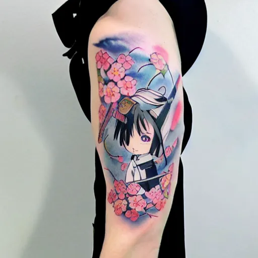 Prompt: japanese female samurai anime ninja schoolgirl, chibi, japanese anime girl Sakura flowers by Hayao Miyazaki, chibi ninja schoolgirl, kill me baby tattoo on upper arm