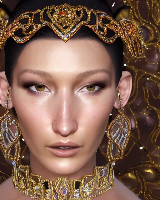 Image similar to a highly detailed metahuman 8 k close up render of bella hadid as a ballerina in gustav klimt style in diamonds crystals swarovski and jewelry on artstation made in unreal engine 4