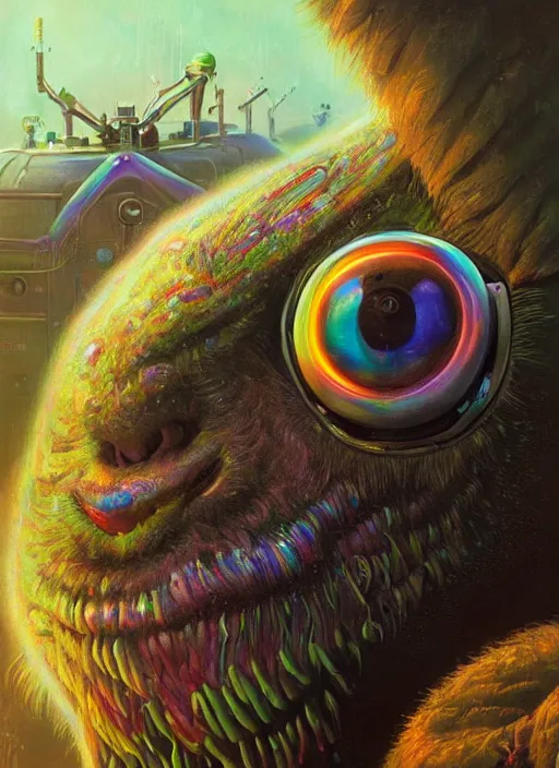 Prompt: close up sci - fi hippie lsd poster art simon stalenhag robot eyes, rainbow fur, elegant, highly detailed, centered, digital painting, concept art, smooth, sharp focus, illustration, artgerm, tomasz alen kopera, peter mohrbacher, donato giancola, joseph christian leyendecker, wlop, frank frazetta