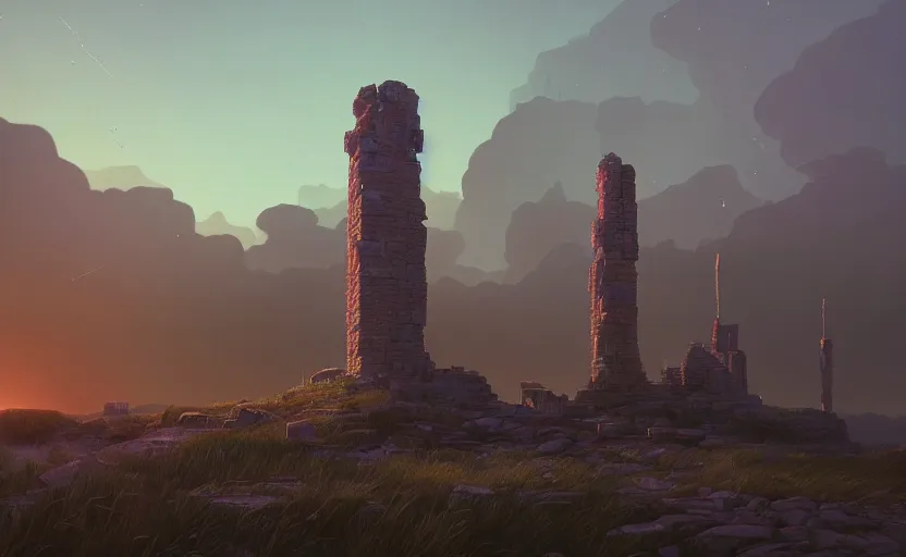 Prompt: A landscape with a single giant stone brick tower with pillars on top at sunset, magical portal, cyberpunk, glowing runes, technology, Low level, rendered by Beeple, Makoto Shinkai, syd meade, simon stålenhag, environment concept, synthwave style, digital art, unreal engine, WLOP, trending on artstation, 4K UHD image, octane render,