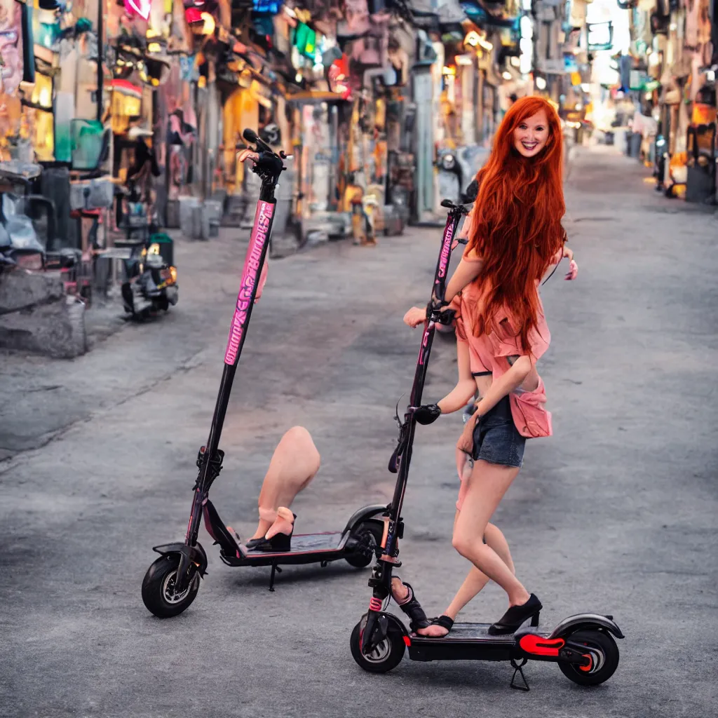 Prompt: redhead woman bellow electric scooter on neon street