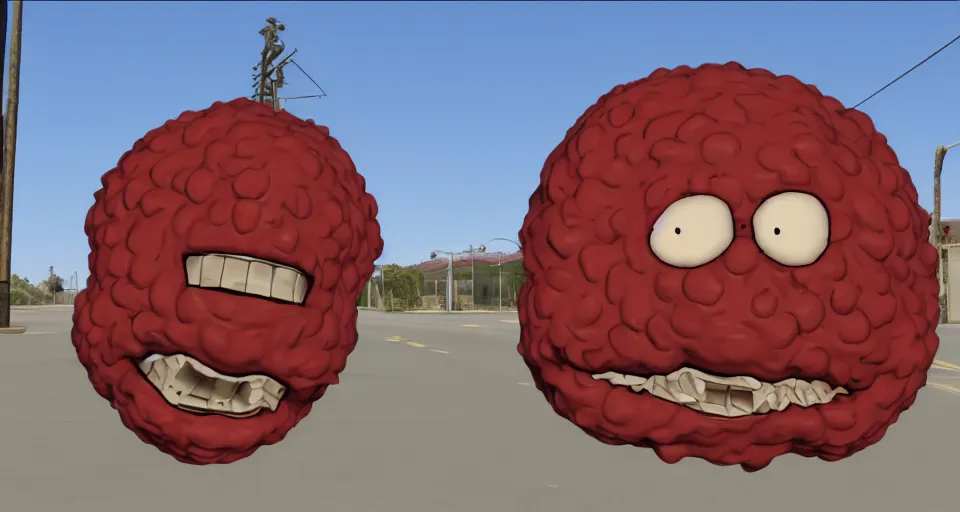 Image similar to Screenshot of a 3d version of a 3d Meatwad from Aqua Teen Hunger Force as a 3d NPC in the realistic 3d videogame 'Grand Theft Auto V' (2013). Sharpened. 1080p. High-res. Ultra graphical settings.