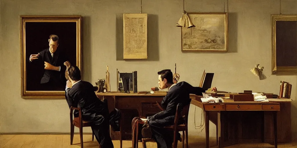 Image similar to beautiful oil matte portrait painting, man in a suit whsipering to a mafia boss sitting at his desk in his 5 0 s style office, wonderful masterpiece highly detailed, beautiful cinematic light deep focus, elegant, digital painting, smooth, sharp focus, golden ratio, dramatic illumination, ultra realistic, 8 k, art by artemisia lomi gentileschi and caravaggio