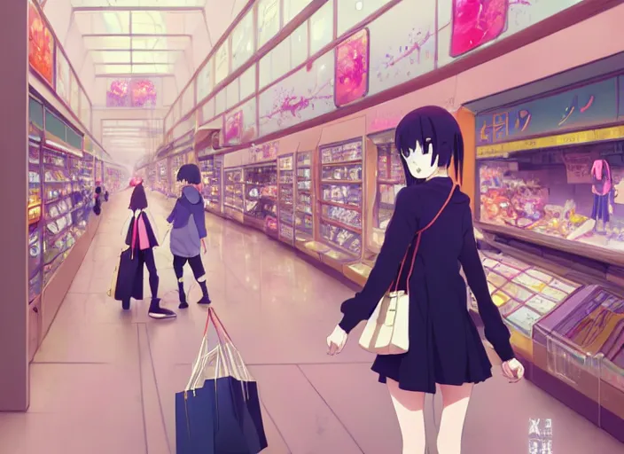 Image similar to portrait of a cute girl shopping at the mall, rule of thirds, illustration concept art anime key visual, trending pixiv fanbox by wlop and greg rutkowski and makoto shinkai and studio ghibli and kyoto animation