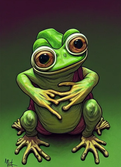 Prompt: depressed pepe the frog as a toad!!!, sad, portrait, intricat, highly detailed, digital painting, artstation, concept art, wallpaper, smooth, sharp focus, illustration, art by matt furie and artgerm and greg rutkowski and alphonse mucha