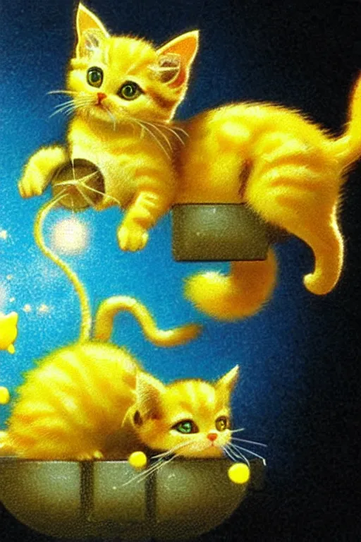 Image similar to a retro videogame showing a small yellow kitten with the belly upwards, artwork by yoshitaka amano, masterpiece