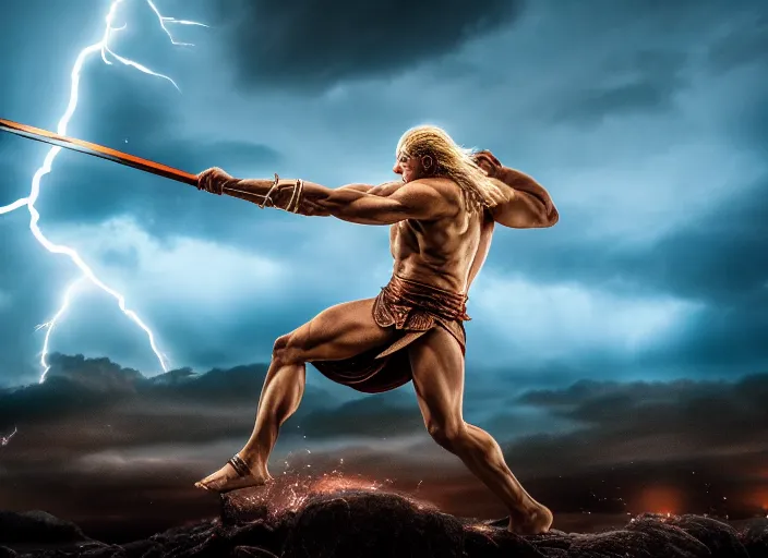 Image similar to photo of zeus throwing lightning spear at chronos. mythology style. highly detailed 8 k. intricate. lifelike. soft light. sony a 7 r iv 5 5 mm. [ cinematic post - processing ].