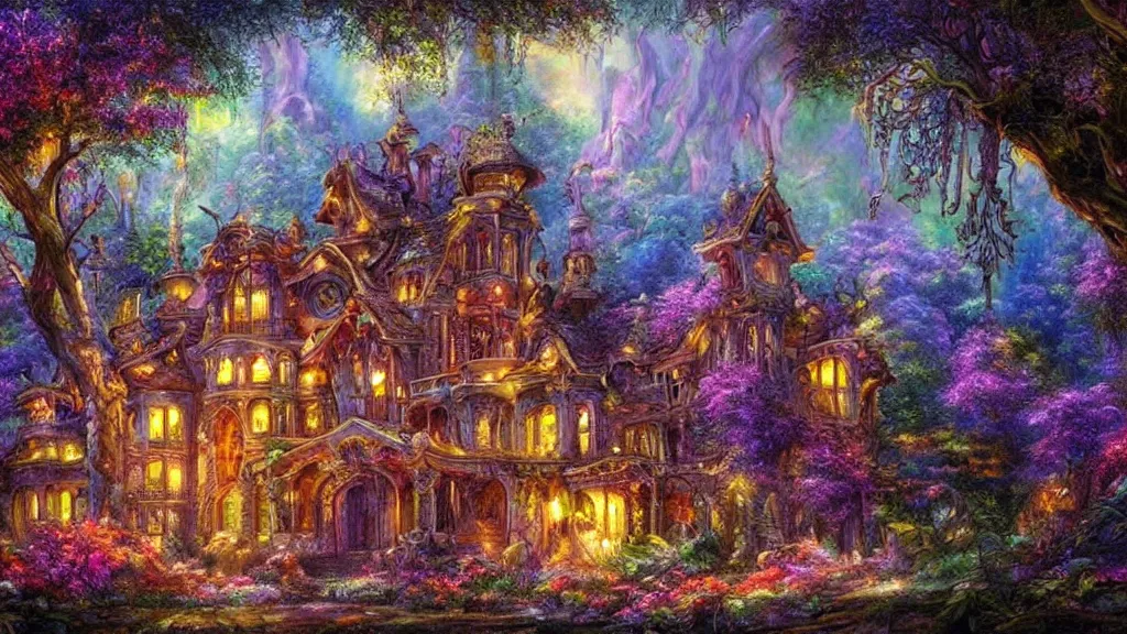 Image similar to Beautiful mansion in the woods” Beautiful Dreamscape, Digital art, concept art, detailed, lovely colors, Art station,3-D 4K, beautiful background, matte painting, Josephine wall,