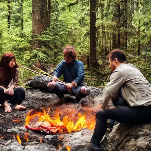 Prompt: photo, neanderthal people eating sushi, surrounded by dinosaurs, gigantic forest trees, sitting on rocks, bonfire