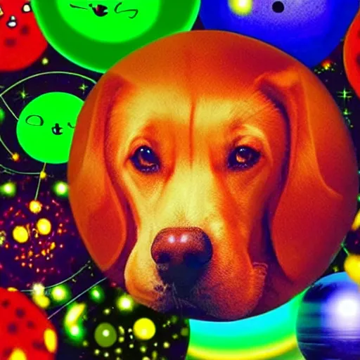 Image similar to inside a spherical atom, protons, electrons, neutrons, quarks glowing luminescent particles with happy dog faces floating inside