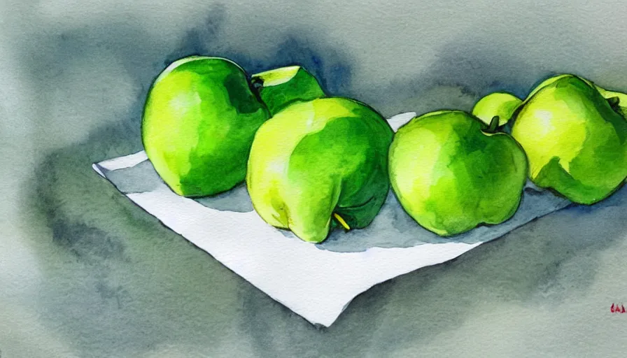 Prompt: watercolor painting of green fresh apples on white paper, bright