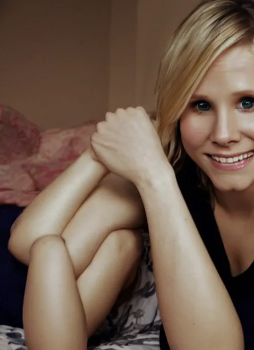 Image similar to through my eyes, first person view, my pov, kristen bell on my bed looking at me, on my bed