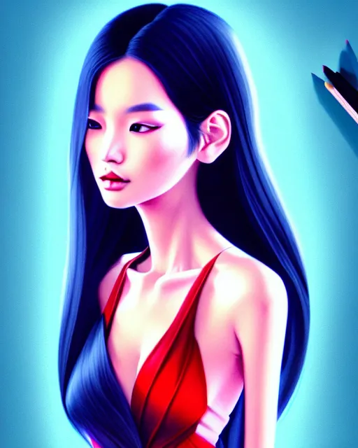 Image similar to richly detailed color illustration of very very beautiful asian fashion model illustrated by Artgerm and Mina Petrovic and Timothy Kong and Marina Federovna. 3D shadowing