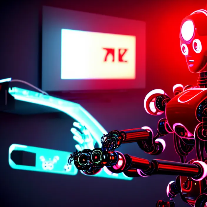 Image similar to a photo of a robot with red eyes playing video games, cool, hd, intricate details, soft lighting, cyberpunk, cinematic, beautiful