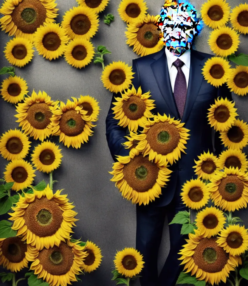 Image similar to photo portrait of Vladimir Putin - sunflowers - dressed in leisure suit with sunflower pattern and tombstone for a tie, natural skin tone, highly detailed realistic flowers ornament on suit, facial wrinkles and brows are intricate with highly detailed realistic flowers, elegant, Realistic, Refined, Highly Detailed, natural soft pastel lighting colors scheme, fine art photography by Cecil Beaton, volumetric lighting, hyper realistic photography