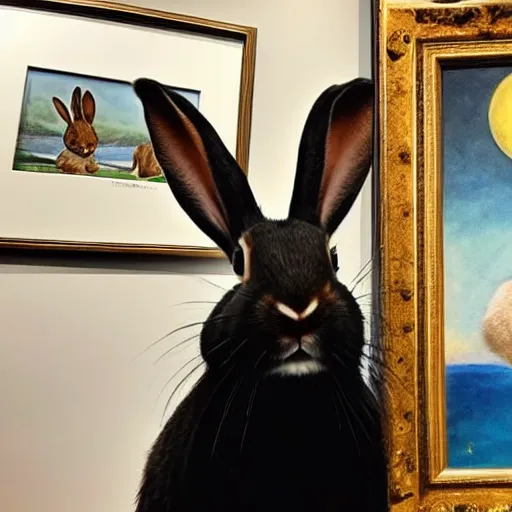 Prompt: a rabbit posing proudly next to a painting of a human