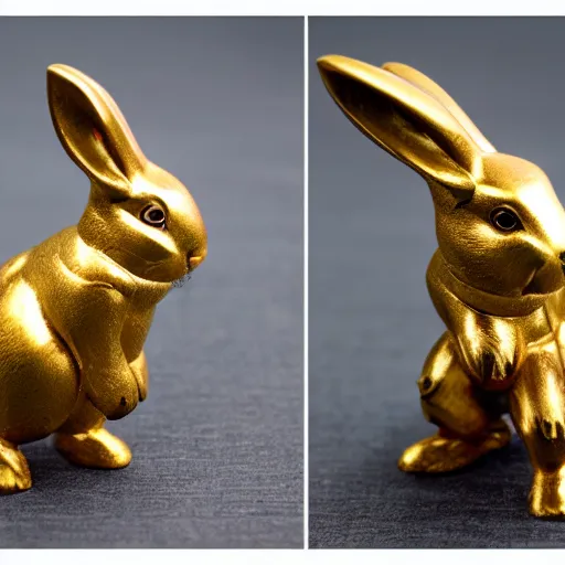 Image similar to a bunny in golden armor, zeiss lens, 5 0 mm, dynamic pose, action pose