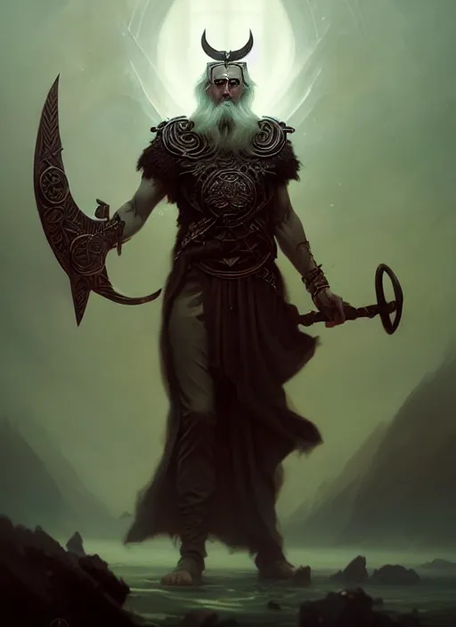 Image similar to odin, the allfather, illustration, full body, high quality, intricate details, details, peter mohrbacher, intricate, atmosphere, highly detailed, matte painting, cinematic, deviantart, realistic, photorealistic, concept art