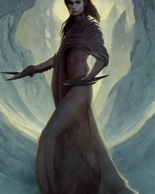 Image similar to saint alia atreides pf the knife, dune, frank herbert, elegant, blue eyes, arab culture inspiration, oriental beautiful pale woman, ethereal, horror, fantasy science fiction art by greg rutkowski and magali villeneuve and claude monet