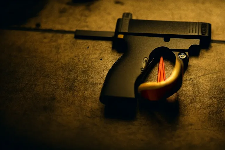 Image similar to film still of closeup pistol taped to the bottom of table, cinematic, moody, gritty neon noir by emmanuel lubezki