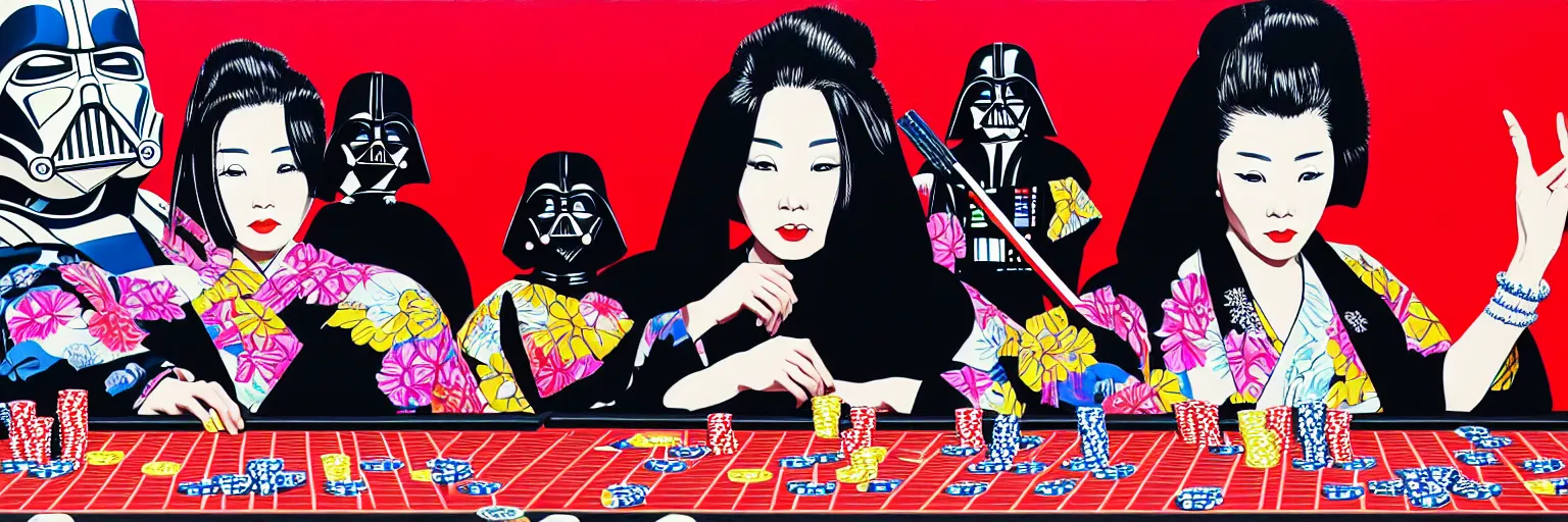 Image similar to hyperrealism composition of the detailed woman in a japanese kimono sitting at an extremely detailed poker table with darth vader, terminator, fireworks on the background, pop - art style, jacky tsai style, andy warhol style, acrylic on canvas