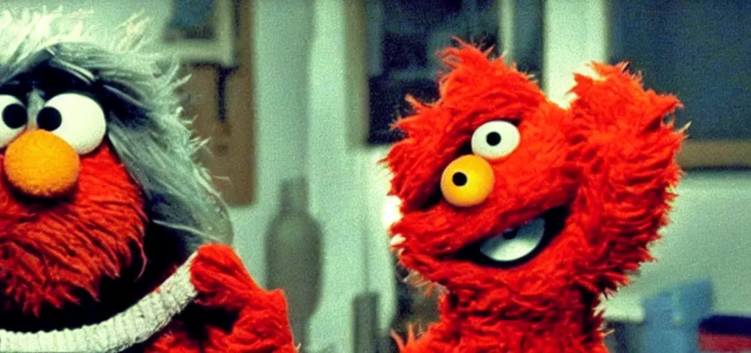 Image similar to still of drug - addicted elmo in requiem for a dream ( 2 0 0 0 ), cinematography by emmanuel lubezki, sesame street puppets, gritty, visceral