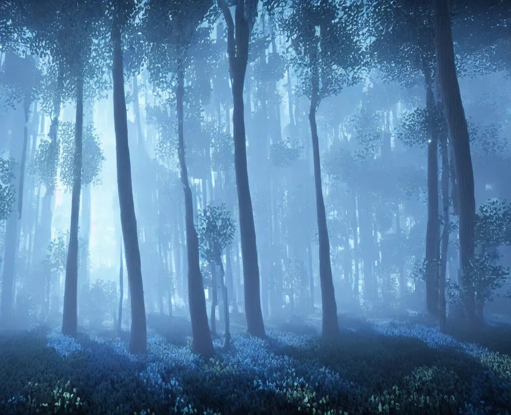 Image similar to blue forest, glowing, minecraft, digital art, highly detailed, artstation, octane render