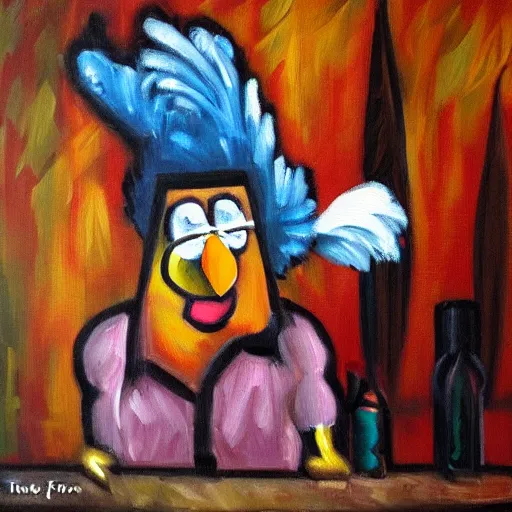 Image similar to the funky chicken gets thrown out of a bar. oil painting in the style of vermeers