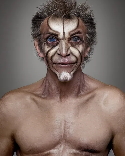 Image similar to Mauricio Macri in Elaborate Pan Satyr Goat Man Makeup and prosthetics designed by Rick Baker, Hyperreal, Head Shots Photographed in the Style of Annie Leibovitz, Studio Lighting