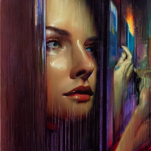 Image similar to detailed face of a woman clothed wrapped in textiles, lush, opulent, fauna, utopian, tech noir, wet reflections, prism, atmospheric, ambient, pj crook, syd mead, livia prima, artgerm, greg rutkowski, nick alm, casey baugh