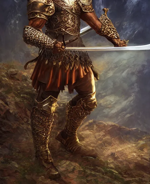 Prompt: strong warrior with legendary sword, fantasy, man, gilded shiny armour, highly detailed, contrast, digital painting, artstation, concept art, wallpaper, smooth, sharp focus, illustration, illumination, raytracting, art by larry elmore, jeff easley, clyde waldwell, keith parkinson, daniel r horne