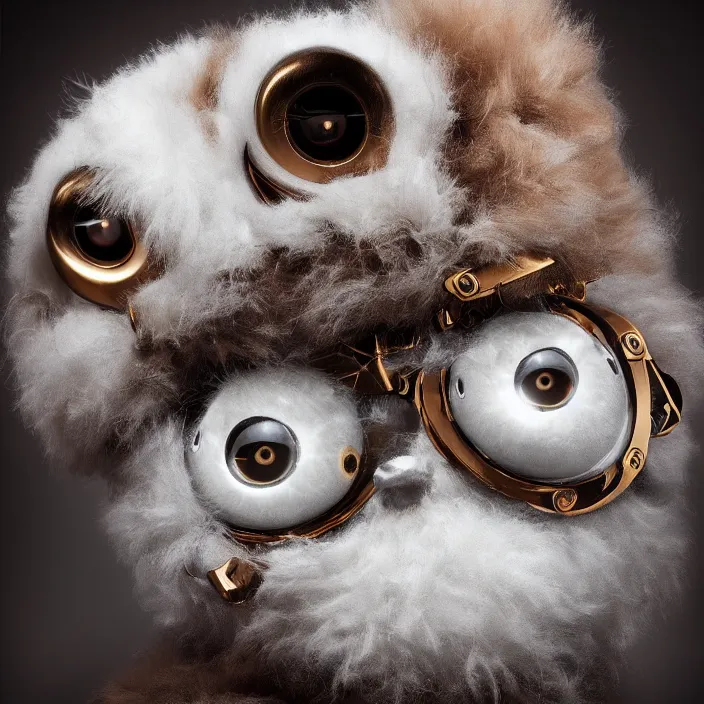 Prompt: plush ultra fluffy cyborg with huge cute eyes, photorealism, white detail plastic biomechanical with gold, copper, bronze, chrome by lee jeffries, erik johansson, supersampled, 8 k, beautify