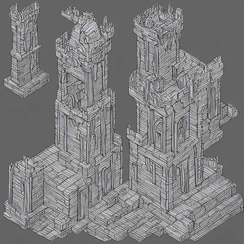 Image similar to isometric view of a wizard's tower, lineart