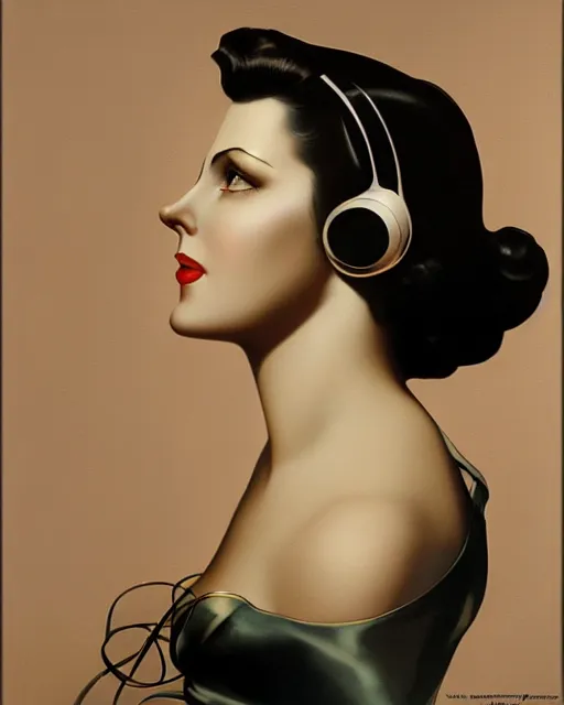 Image similar to young beautiful woman in office wearing headset by Rolf Armstrong