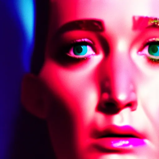 Image similar to close up detail of the face of jennifer lawrence as the bride of frankenstein, macro photography, glowing retinas, vaporwave