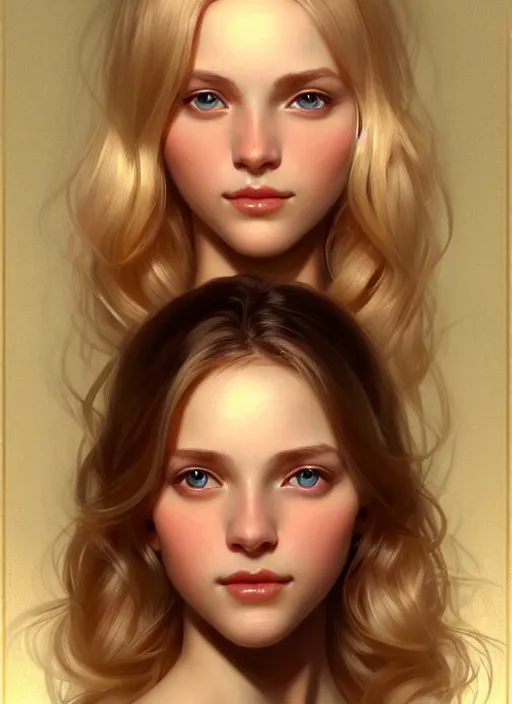 Image similar to beautiful feminine face! portrait of young woman blessed by god with ever - increasing physical mental perfection, blonde, symmetrical! intricate, elegant features, highly detailed, holy perfection!! smile, digital painting, artstation, concept art, smooth, sharp focus, illustration, art by artgerm and greg rutkowski and alphonse mucha